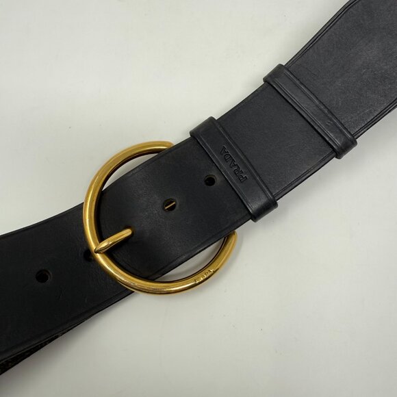 Prada Gold O Ring Black Leather Wide Waist Belt Size 36/90 Made in Italy - Picture 5 of 9